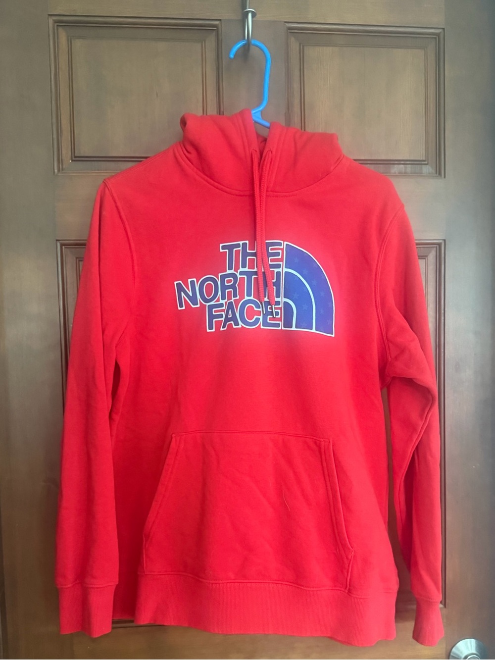 The North Face Red Hoodie with Blue Logo